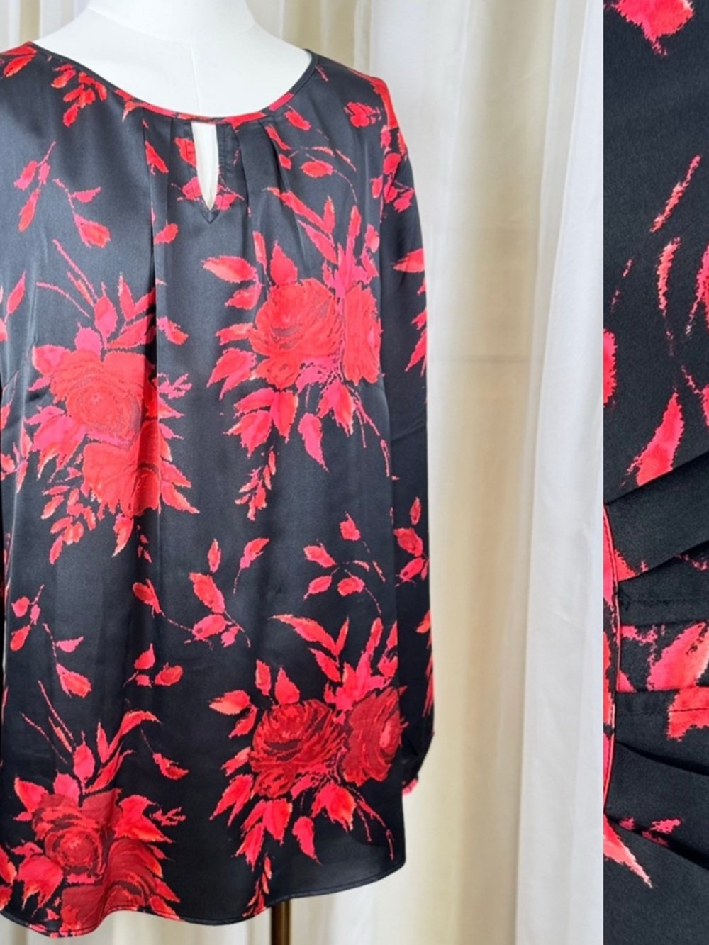 Talbots Black Blouse with Red Floral Print and Keyhole Neck size large slinky